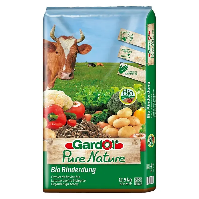 Gardol Pure Nature Bio-Rinderdung - 12,5 kg, Max. Anwendungsfläche: 125 m² - Abbildung einer Packung Gardol Pure Nature Bio Rinderdung, ein organischer Dünger für den Garten.
