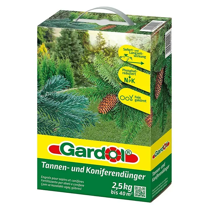 Gardol Tannen- & Koniferendünger - 2,5 kg, Max. Anwendungsfläche: 40 m² - Verpackung von Gardol Tannen- und Koniferendünger, ein Dünger für Nadelbäume und Koniferen, mit Sofort- und Langzeitwirkung.