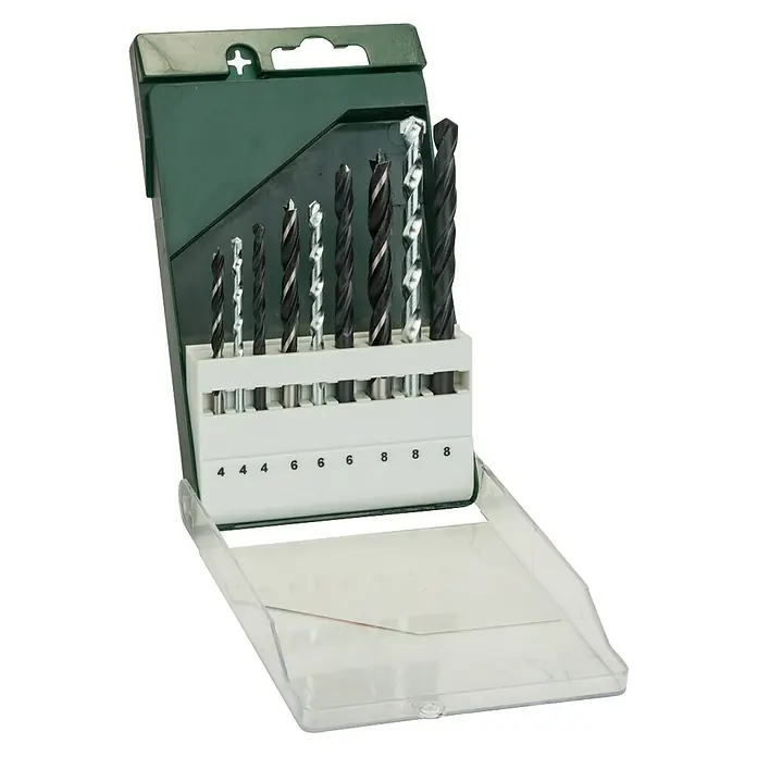 Bosch Bohrer-Set - HSS-R, Holz/Metall/Stein, 9 -tlg. - Abbildung einer Bohrer-Set, ordentlich in einem grünen Gehäuse mit Größenangaben, ideal für präzise Bohrarbeiten.