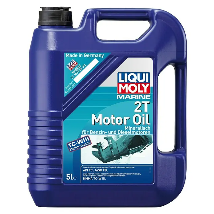 Liqui Moly Marine Aceite para motor 2T - 5 l, Mineral - Imagen de un bote azul de 5 litros de aceite de motor Liqui Moly Marine 2T, fabricado en Alemania, ideal para motores de gasolina y diésel.