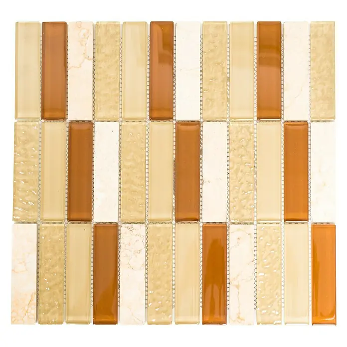 Mosaikfliese Crystal Mix XCM MS836 - 32,2 x 30,4 cm, Beige, Glänzend - Diese Aufnahme zeigt eine Nahaufnahme von rechteckigen Mosaikfliesen in verschiedenen Erd- und Brauntönen. Diese Mosaikfliesen bieten eine attraktive Option.