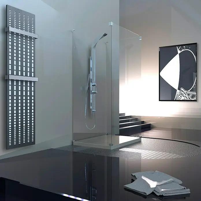 Szagato Designheizkörper Broken Mirror 3 - B x H: 470 x 1.800 mm, Wärmeleistung bei Vorlauftemperatur von 75 °C (D: 50): 1.118 W, Mit 2 Handtuchhalter (50 mm) - Modernes Badezimmerdesign mit Fokus auf einer stilvollen Duschkabine, einem Handtuchwärmer und einer minimalistischen Farbpalette.