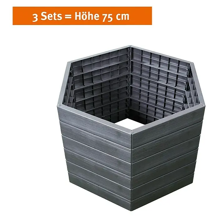 Garantia Hochbeet Ergo Wood - Ø x H: 110 x 25 cm, Kunststoff, Anthrazit - Produktbild eines sechseckigen, anthrazitfarbenen Pflanzgefäßes mit horizontaler Holzoptik. Die Höhe beträgt 75cm bei 3 Sets.