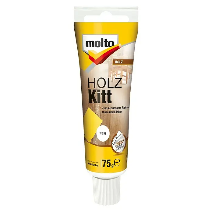 Molto HolzkittWeiß, 50 ml - Tube Molto Holz Kitt Holzreparaturspachtel zum Ausbessern von Holzschäden, weiß, mit 75g Inhalt, ideal für kleine Reparaturen.