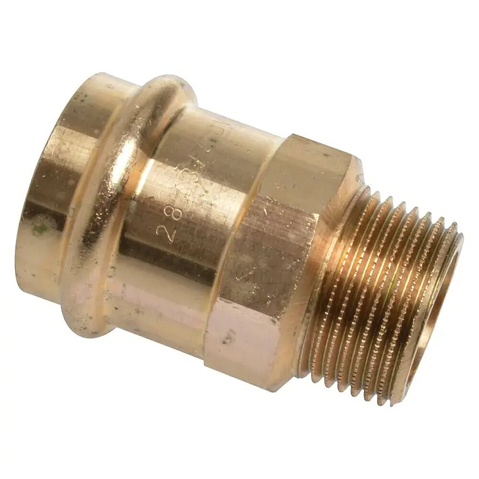 Press-Übergangsmuffe - Durchmesser: 28 mm, Außengewinde: ¾″, Presskontur: V - Messingfitting mit Pressanschluss und Außengewinde zur Verbindung von Rohren in Sanitär- und Heizungsanlagen.