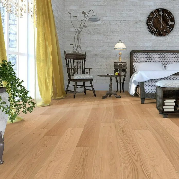 Parkett Eiche Mosel - 1.700 x 190 x 15 mm, Landhausdiele - Einladendes Schlafzimmer mit hellem Holzboden, der Wärme und Natürlichkeit ausstrahlt. Der Bodenbelag harmoniert perfekt mit dem Interieur.