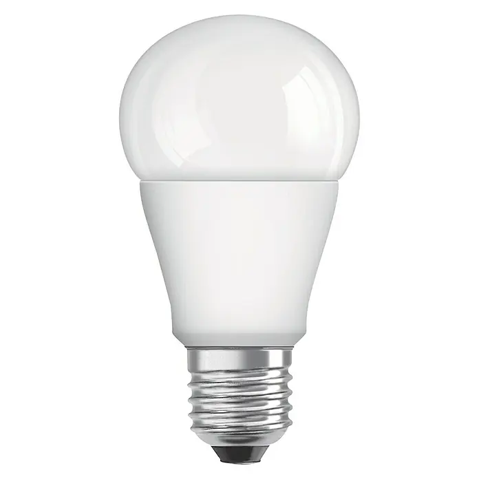 Osram LED-Lampe Glühlampenform E27 matt - E27, Nicht Dimmbar, Kaltweiß, 806 lm, 8 W - Nahaufnahme einer LED-Lampe mit E27-Sockel, ideal für energieeffiziente Beleuchtung im Haushalt. Das Leuchtmittel ist weiß und formschön.