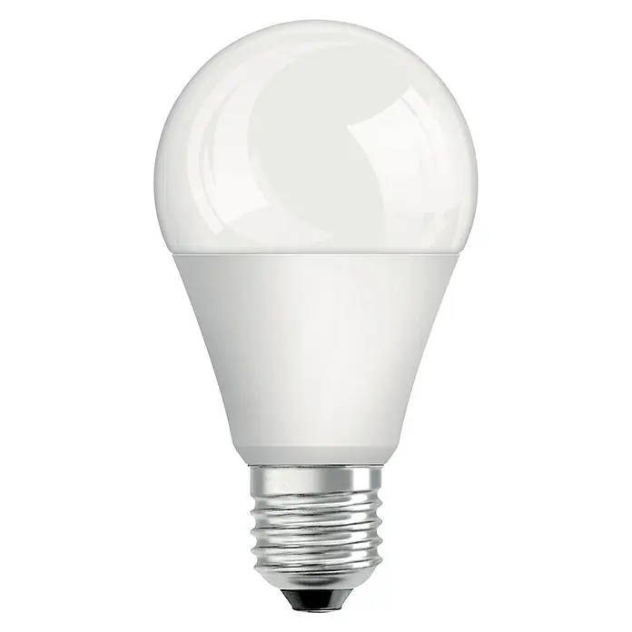 Osram LED-Lampe Glühlampenform E27 matt - E27, Nicht Dimmbar, Kaltweiß, 1.521 lm, 13 W - Nahaufnahme einer weißen LED-Glühbirne mit Schraubsockel, ideal für energieeffiziente Beleuchtung in jedem Raum.