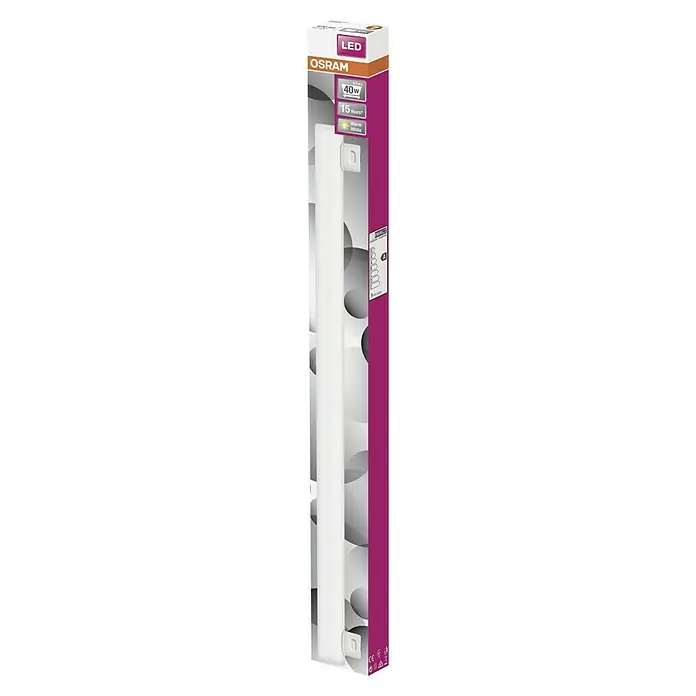 Osram Linestra LEDinestra - Largo: 500 mm, Blanco cálido, 8,5 W, 470 lm, S14s - Embalaje de un tubo LED Osram, que muestra una iluminación eficiente energéticamente y de larga duración.