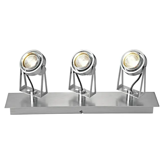Voltolux Tech Foco para pared y techo - L x An x Al: 45 x 8 x 17,5 cm, GU10, 150 W - Esta imagen muestra una luz de techo moderna con tres focos individuales de metal cepillado, creando una iluminación brillante y enfocada.