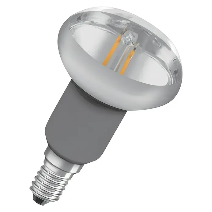 Osram LED-Lampe Retro - E14, Nicht Dimmbar, Warmweiß, 150 lm, 2 W - Nahaufnahme einer LED-Reflektorlampe mit klarem Gehäuse und grauem Sockel, ideal für gezielte Beleuchtung.