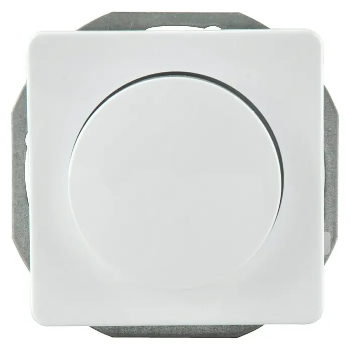 Voltomat BETA LED-Dimmer - Ultraweiß, Kunststoff - Nahaufnahme eines weißen runden Dimmers auf einer quadratischen Platte mit silberner Halterung.
