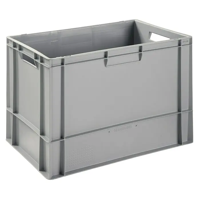 BAUHAUS Caja Euro - 76 l, L x An x Al: 60 x 40 x 40 cm, Cerrada, Gris - En la imagen se muestra una caja de almacenamiento gris de plástico con asas, ideal para organizar y guardar diversos objetos.