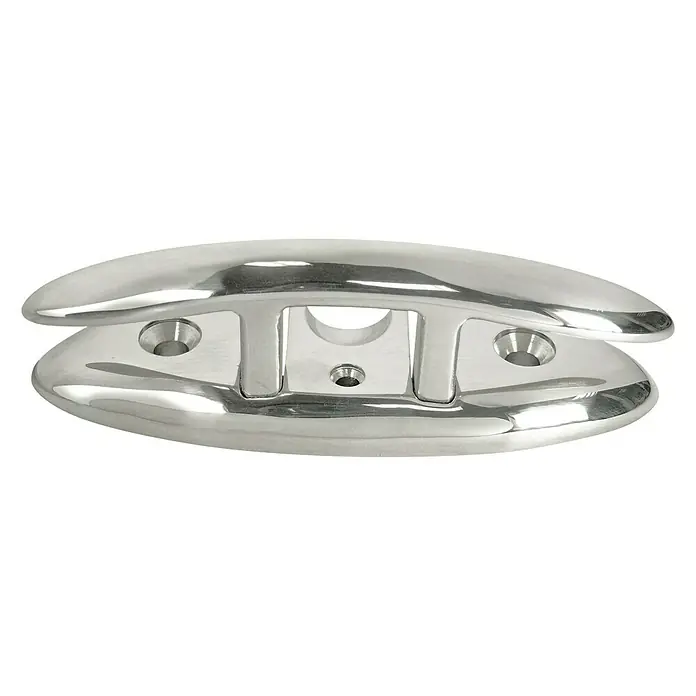 Marinetech Klappklampe - 155 x 54 x 13,5 mm, Edelstahl, A4 - Ein glänzender Bootssteg aus Edelstahl mit drei Befestigungslöchern, ideal für sicheres Festmachen.