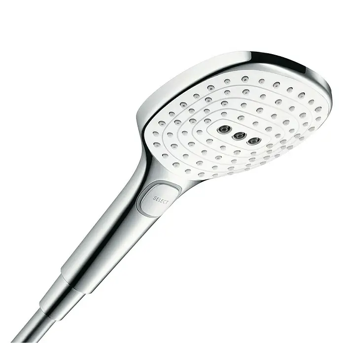 Hansgrohe Handbrause Raindance Select E - Anzahl Funktionen: 3 Stk., Durchmesser: 12 cm, Chrom - Bild einer modernen, verchromten Handbrause mit rechteckigem Kopf und mehreren Strahlarten für ein luxuriöses Duscherlebnis.
