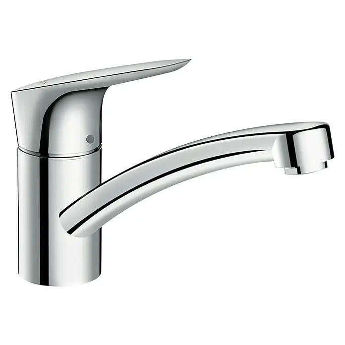 Hansgrohe Spültischarmatur Logis 120 - Chrom, Glänzend - Glänzender Wasserhahn aus Chrom mit geschwungenem Auslauf und Hebel für Badezimmer oder Küche.