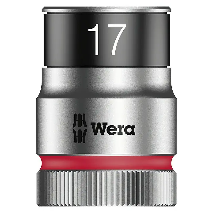 Wera Zyklop Steckschlüsseleinsatz 8790 HMC HF - 17 mm, Antriebsgröße: ½″ - Wera Steckschlüssel mit der Aufschrift 17. Das Werkzeug ist silberfarben, rot und schwarz. Für Profis und Heimwerker.