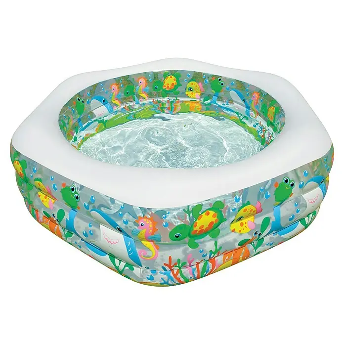 Intex Ozean Reef Piscina hinchable - 191 x 178 x 61 cm - La imagen muestra una piscina inflable con un tema submarino colorido, llena de agua. Perfecto para que los niños chapoteen y jueguen.