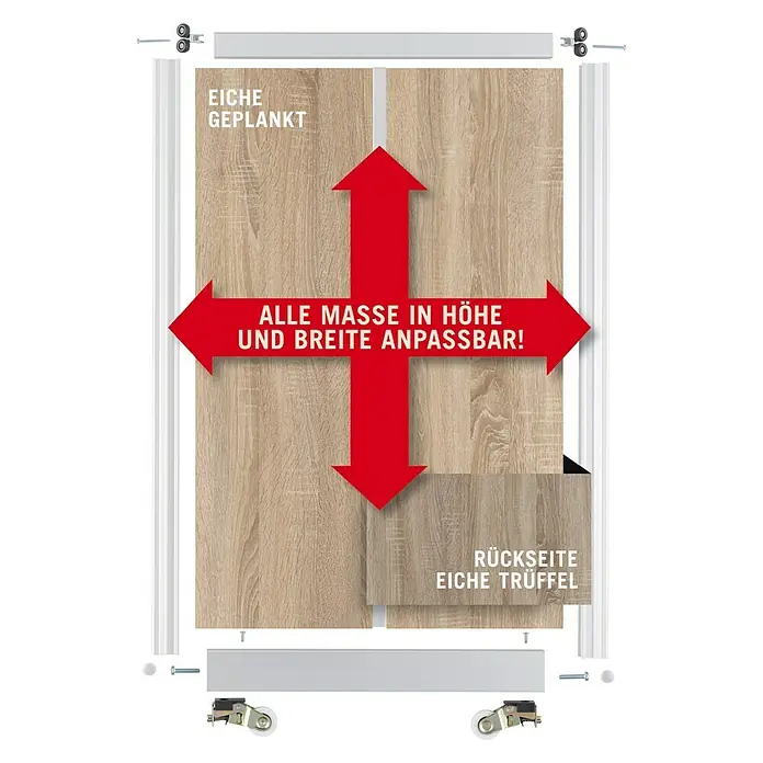 Room Plaza Easy Schiebetür-Bau-Set - Eiche geplankt/Eiche Trüffel, Farbe Beschlag: Silber - Produktbild: Schiebetür-System mit Eiche-geplankt Dekor und Anpassungsoptionen für Höhe und Breite, inklusive Rollen und Befestigungsmaterial.
