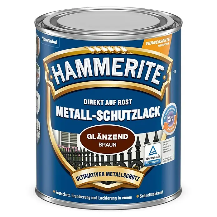 Hammerite Metall-Schutzlack - Braun, 750 ml, Glänzend, Lösemittelbasiert - Dose Hammerite Metall-Schutzlack, Direkt auf Rost, glänzend braun, für optimalen Metallschutz.