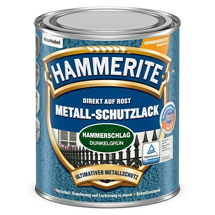 Hammerite Metall-Schutzlack Hammerschlag (Dunkelgrün, 250 ml, Glänzend, Lösemittelhaltig)