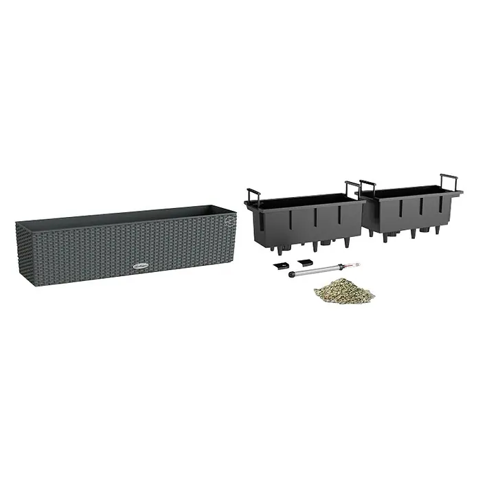 Lechuza Cottage Balkonkasten Balconera - Max. Außenlänge: 80 cm, Kunststoff, Granit - Ein Pflanzkasten-Set mit einem grauen Rattankasten, zwei schwarzen Einsätzen, einem Wasserstandsanzeiger und Blähton für die Pflanzen.