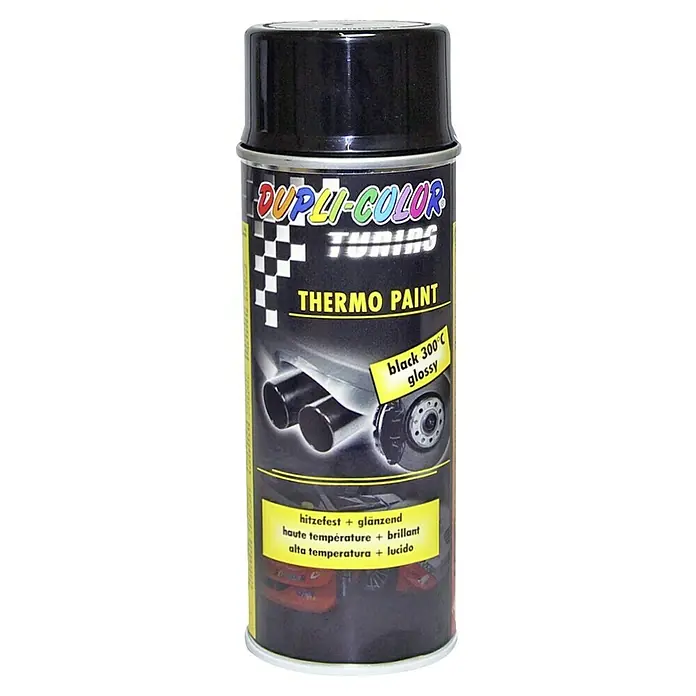 Dupli-Color Tuning Thermolack - Schwarz, Glänzend - Dose Dupli-Color Tuning Thermo Lack in Schwarz glänzend, hitzebeständig bis 300°C, ideal für Auto-Tuning und Reparaturen.