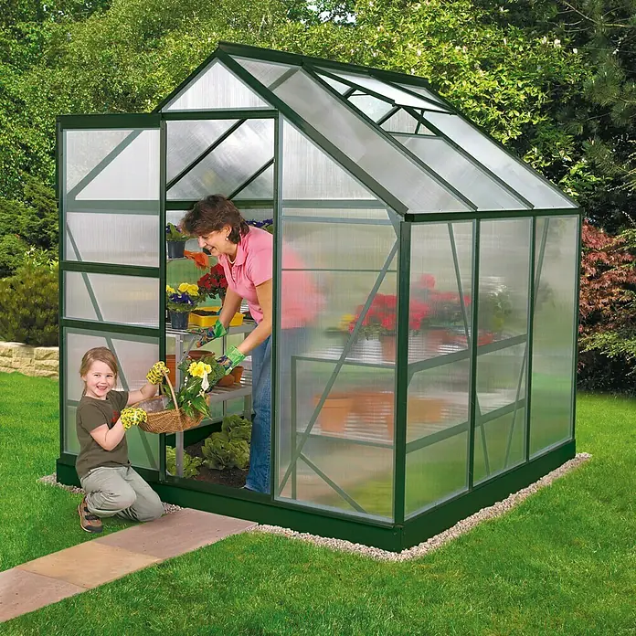 Vitavia Gewächshaus Venus 3800 Plus - Außenmaß inkl. Dachüberstand (B x T): 195 x 195 cm, 6 mm, Smaragd - Gewächshaus mit Mutter und Tochter.