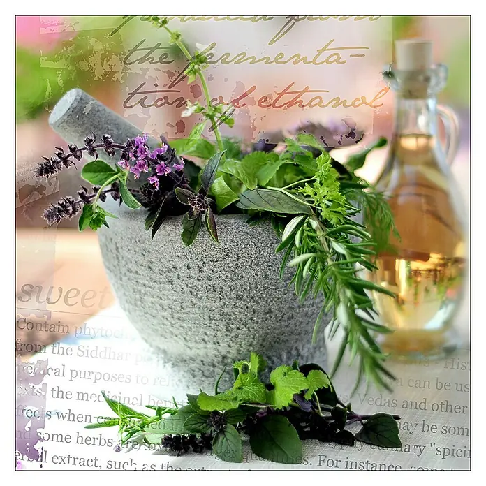 ProArt Glasbild - Herbage Pestle I, B x H: 20 x 20 cm - Nahaufnahme eines Mörsers mit Kräutern und einer Flasche Öl, die natürliche und aromatische Küchenzutaten hervorhebt.