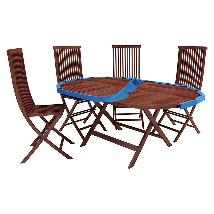 Nips Schaumstoffkantenschutz - Länge: 4 m, Polyethylen - Brauner Gartentisch mit Stühlen, teilweise mit einer blauen Abdeckung versehen, ideal für den Außenbereich.