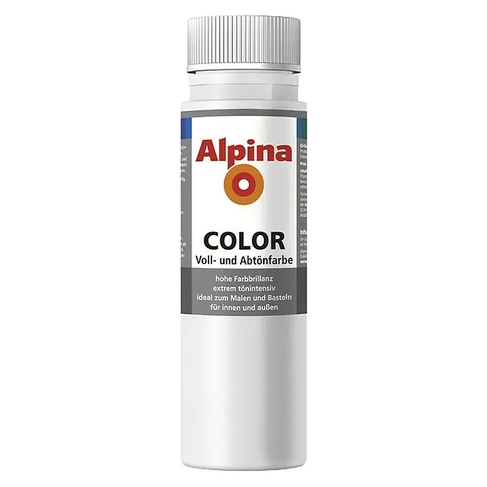 Alpina Vollton- & Abtönfarbe Color - Snow White, Matt, 250 ml, Lösemittelfrei - Abbildung einer Alpina Color Voll- und Abtönfarbe in einer weißen Flasche, ideal zum Malen und Basteln für innen und außen.