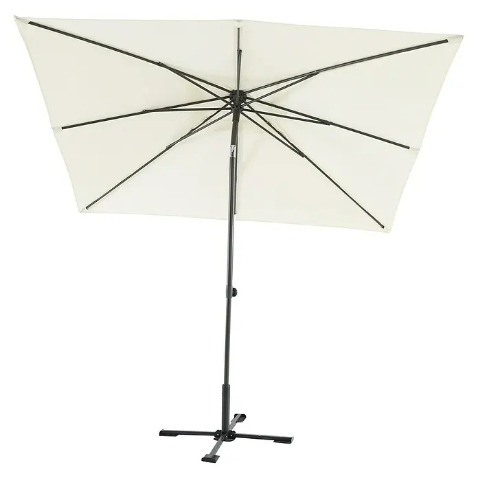 Sunfun Marktschirm Livorno - Natur, Bespannungsmaß (L x B): 200 x 250 cm - Bild einer quadratischen, weißen Gartenschirms mit einem stabilen, schwarzen Ständer, ideal für sonnige Tage im Freien.