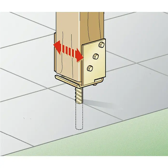 Stabilit U-Pfostenträger60 mm - 140 mm - Ansicht einer verstellbaren Pfostenstütze aus Metall, die an einem Holzpfosten befestigt und auf einem Fliesenboden installiert ist.