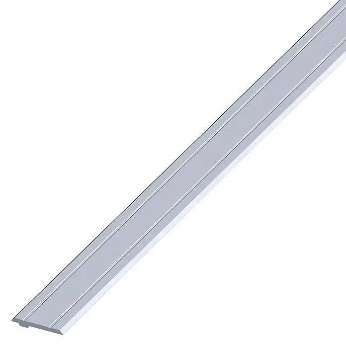 Kantoflex Abdeckprofil - L x B: 1.000 x 19,5 mm, Einseitig - Ein silberfarbener, länglicher Übergangsstreifen, ideal für Bodenbeläge, bietet einen sauberen und eleganten Übergang zwischen zwei Oberflächen.