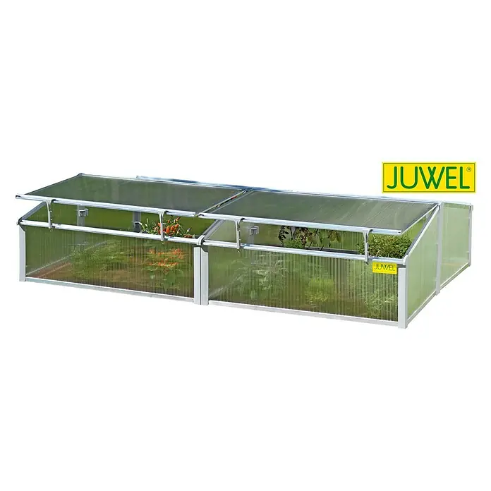 Juwel Easy Fix Vivero Invernadero de semillero Thermohaus - 100 x 200 x 40 cm - Esta imagen muestra un Juwel bancal elevado con tapas abiertas, lleno de plantas en crecimiento. Ideal para cultivar verduras y flores en el jardín.