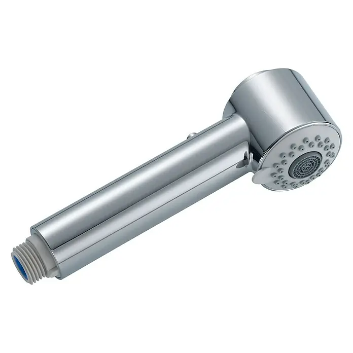 Neoperl Ecobooster Küchenbrause - ½″, Durchflussmenge: 5 l/min - 11 l/min, Verchromt - Nahaufnahme eines verchromten Duschkopfes mit mehreren Strahlarten und Gewindeanschluss für eine einfache Installation.