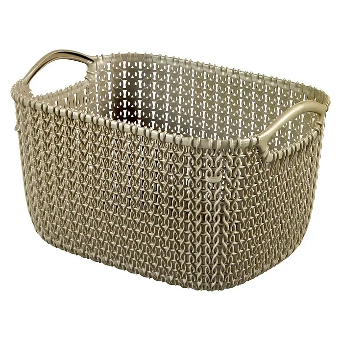 Curver Knit Cesto de cuero para la leña - Marrón, 8 l, Plástico - Caja de almacenamiento de plástico beige con asas y patrón calado decorativo para una organización elegante.