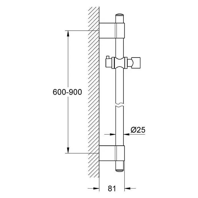 Grohe Brausestange Euphoria Flex - Höhe: 92 cm, Lochabstand: 77 cm - 92 cm, Chrom - Abbildung einer Duschstange mit den Maßen 600-900 mm Höhe und 81 mm Ausladung. Der Durchmesser der Stange beträgt 25 mm.