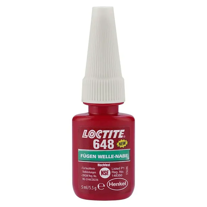 Loctite Spezialkleber 648 - 5 ml - Produktbild von Loctite 648, einem hochfesten Fügeprodukt für Welle-Nabe-Verbindungen in einer kleinen, roten 5 ml Flasche mit weißem Applikator.