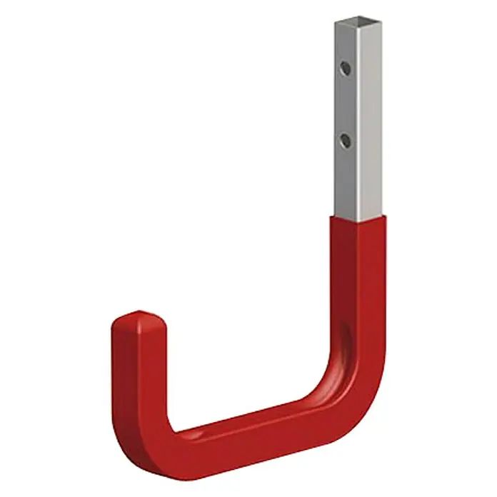 Wandhaken - L x H: 115 x 140 mm, Belastbarkeit: 30 kg, Verzinkt, Gummiert - Roter Haken mit grauem Vierkantprofil zur Wandbefestigung. Der robuste Haken eignet sich ideal für die Aufbewahrung in Garage und Werkstatt.