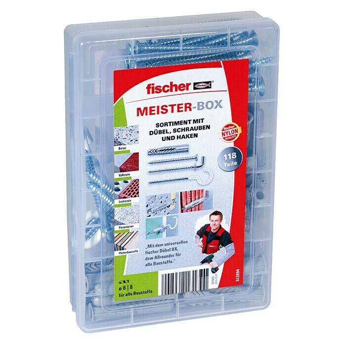 Fischer Meister-Box Universaldübel-Set UX/R118 -tlg., Mit Schrauben/Haken, Nylon Right Side View