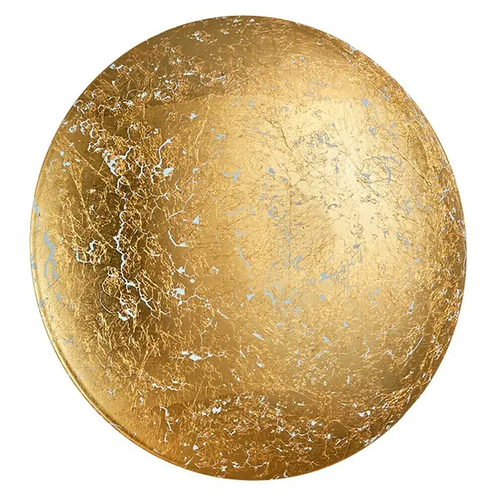 Reality Leuchten LED-Bilderleuchte Chiros - 8 W, Gold, Gold, Warmweiß - Nahaufnahme einer runden, goldenen Wandkunst mit einzigartigen Texturen und Mustern.