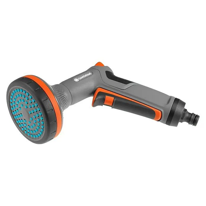 Gardena Comfort Brause - Anzahl Sprühformen: 2 Stk., Metall/Kunststoff, Geeignet für: Pflanzreihenbewässerung - Eine graue und orangefarbene GARDENA Gartendusche mit blauem Sprühkopf für die Bewässerung von Pflanzen im Garten.