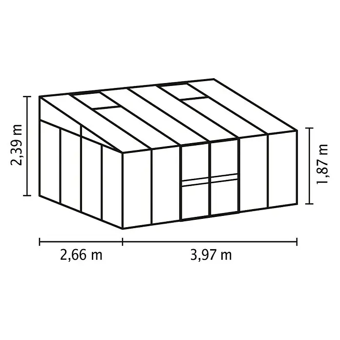 Vitavia Pavillon-Nachrüstsatz Helena 10200 - Passend für: Vitavia Gewächshaus Helena 10200, Weiß - Illustration eines Gewächshauses mit den Maßen 2,39 m Höhe, 2,66 m und 3,97 m Länge sowie 1,87 m Breite.