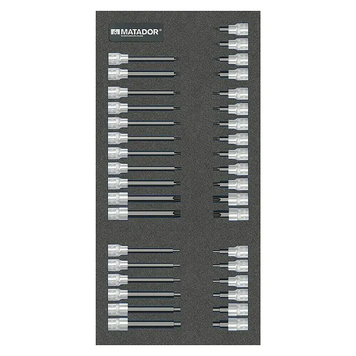 Matador Tool System Steckschlüsseleinsatz-Set - ⅜″, 36 -tlg. - Matador Schraubwerkzeug-Satz in einer schwarzen Werkzeugkiste. Das Set besteht aus verschiedenen Schraubendrehern und Bits für den professionellen Einsatz.