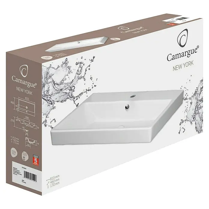 Camargue New York Waschtisch - 82 x 46,5 cm, Ohne Spezialglasur, Hahnloch: Mitte, Mit Überlauf, Weiß - Produktverpackung für ein Camargue New York Waschbecken mit den Maßen 815 x 460 x 270 mm und einer detaillierten technischen Zeichnung.