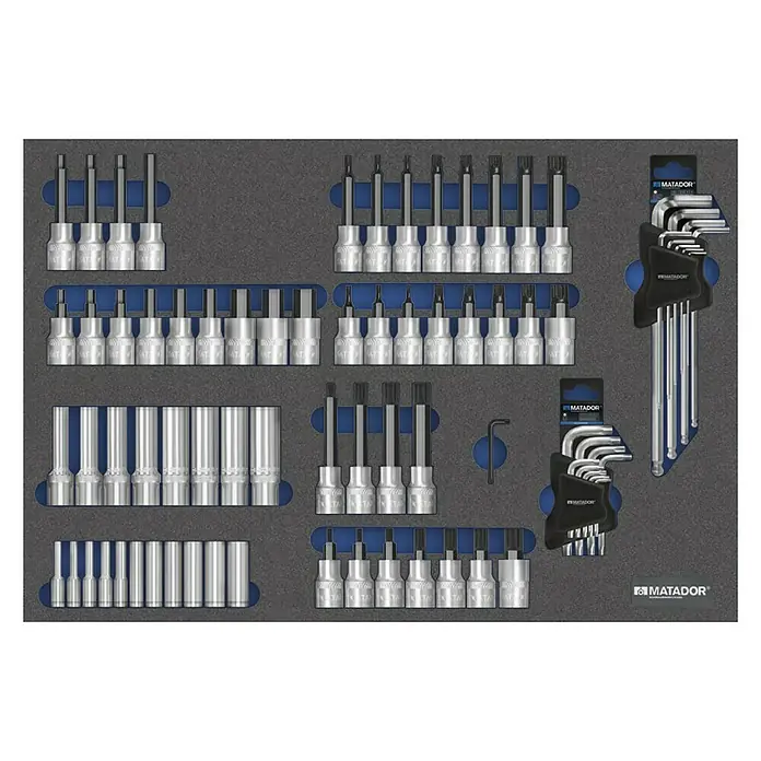 Matador Tool System Steckschlüsseleinsatz-Set - 78 -tlg. - Matador Werkzeugsatz in einer Schaumstoffeinlage, ideal für die Werkstatt, mit verschiedenen Steckschlüsseln und Inbusschlüsseln.