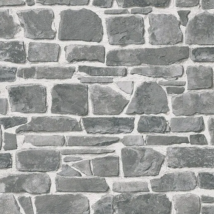 Rasch Papiertapete - Grau, Steinoptik, 10,05 x 0,53 m - Graue Steinmauer-Tapete mit unregelmäßigen Steinformen und hellem Mörtel, die eine rustikale und natürliche Optik erzeugt.