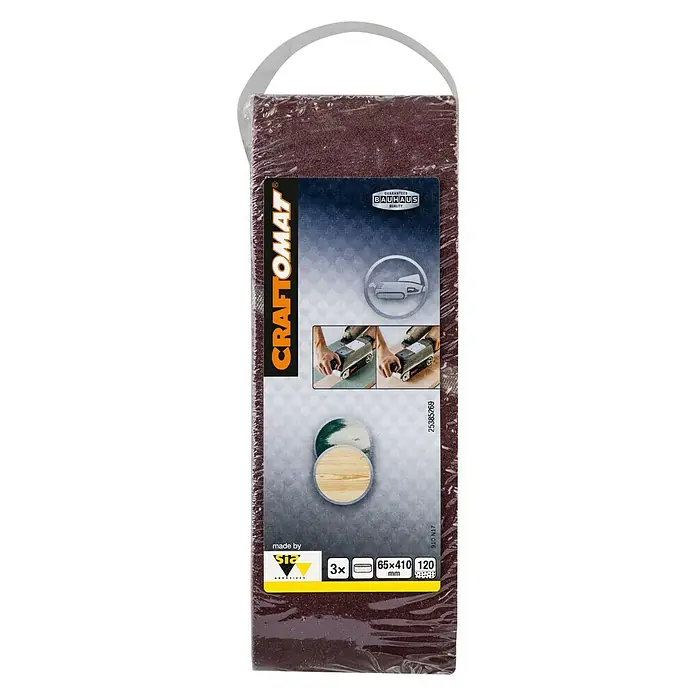 Craftomat Lija de banda - L x An: 410 x 65 mm, Grano: 120, 3 ud. - Papel de lija Craftomat, grano 120, dimensiones 65x410 mm, 3 unidades, para lijar madera y otros materiales.