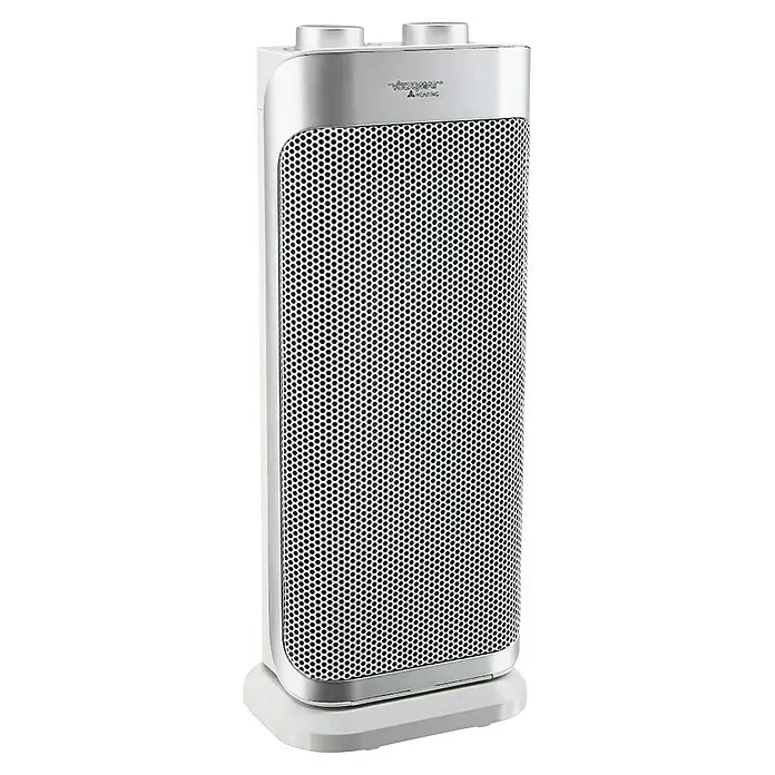 Voltomat HEATING Calefactor de aire - 2.000 W, Plateado - Imagen de un calefactor cilíndrico blanco para interiores con detalles plateados y mandos de control en la parte superior.